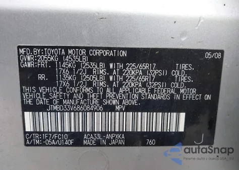 2008 Toyota Rav4 from USA, damaged, VIN JTMBD33V686084906